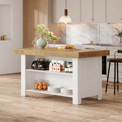 Îlot de cuisine de ferme avec tablettes de rangement, table d'îlot de 55 pouces avec grand comptoir