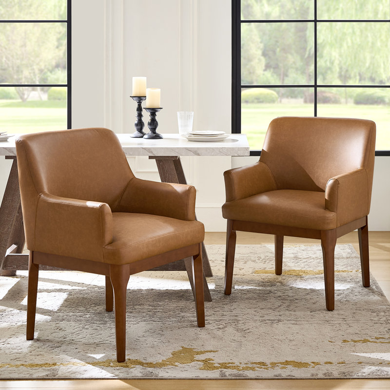  Stanley 24.5"W Mid-Century Modern Leather Dining Chair with Solid Wood Legs (Set of 2), Camel
