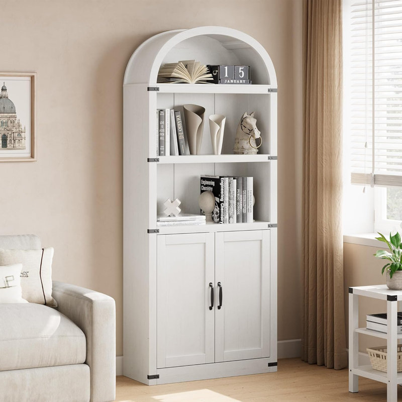 Farmhouse Arched Wooden Bookcase with Doors Tall Storage Bookshelf Cabinet