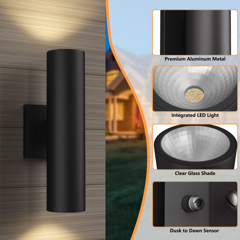 12''H LED Aluminum Black Outdoor Wall Light with Dusk To Dawn, Matte Black