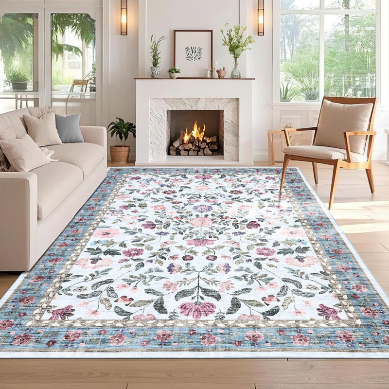 Vintage Floral Area Rug, Low Pile Non-Slip Soft Carpet – Machine Washable, Spot Resistant, Collapsible – Ideal for Living Room, Bedroom, Nursery, Office