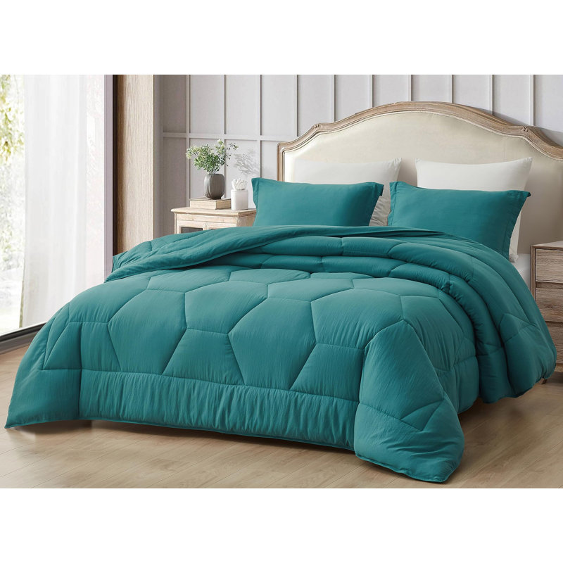 Washed Microfiber Bedding Honeycomb Comforter Set, Twin Comforter + 1 Standard Sham, Teal