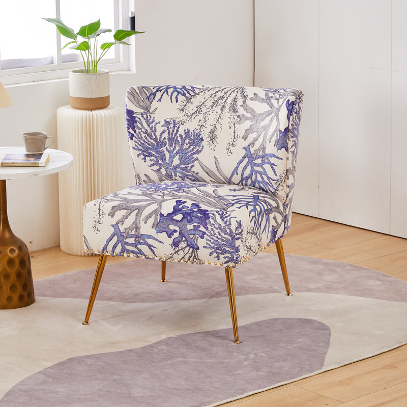 Floral Velvet Barrel Accent Chair with Curved Back & Metal Legs, Blue