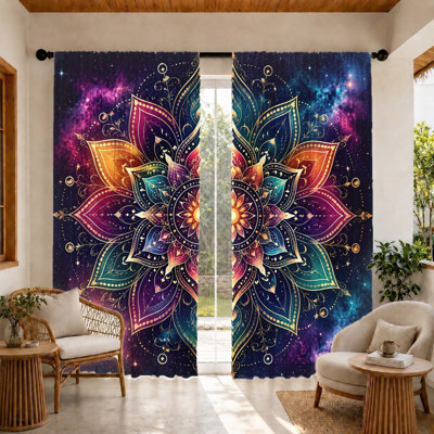 2Pcs Mandala curtains, cosmic galaxy print, spiritual design, light filtering fabric, rod pocket, suitable for living room, bedroom, balcony, kitchen home decor