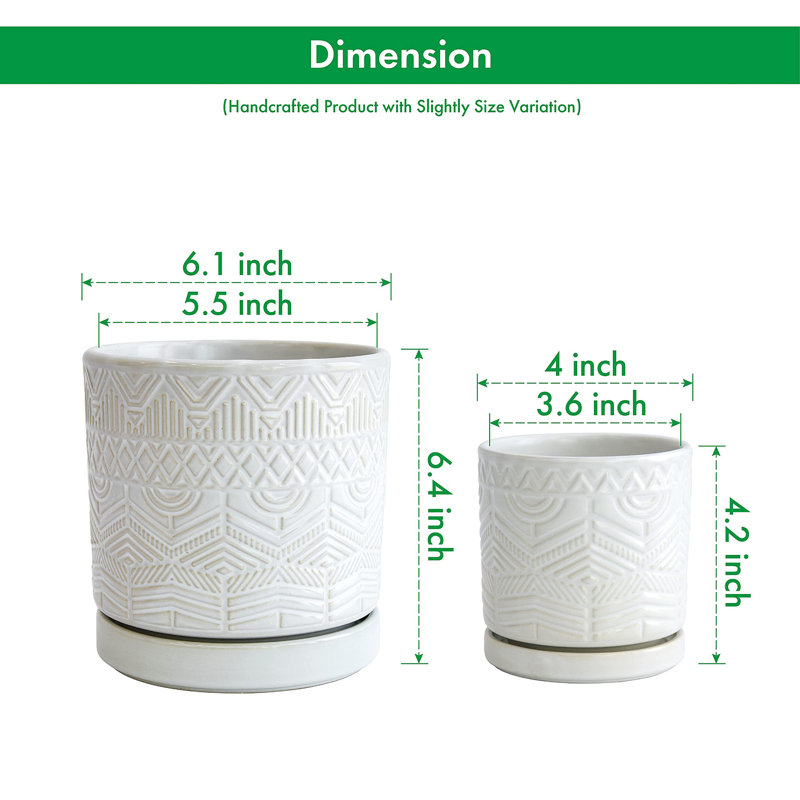 Set of 2 Modern Floral Embossed Ceramic Planter Pots - 4" & 6" with Drainage Hole and Saucer