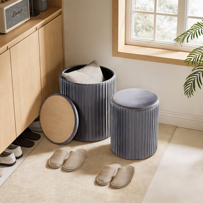 Round Ottoman with Storage Set of 2,Vanity Stool with Storage for Bedroom, Ottoman Coffee Table, Small Velvet Foot Stool for Living Room