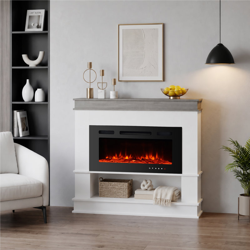 39“ Electric Fireplace with Mantel, Ultra Thin Fireplace Insert, 12 Color Changing Flame, 5 Brightness Levels, 750W/1500W Heater, Remote Control, 1-8H Timer & Overheat Protection