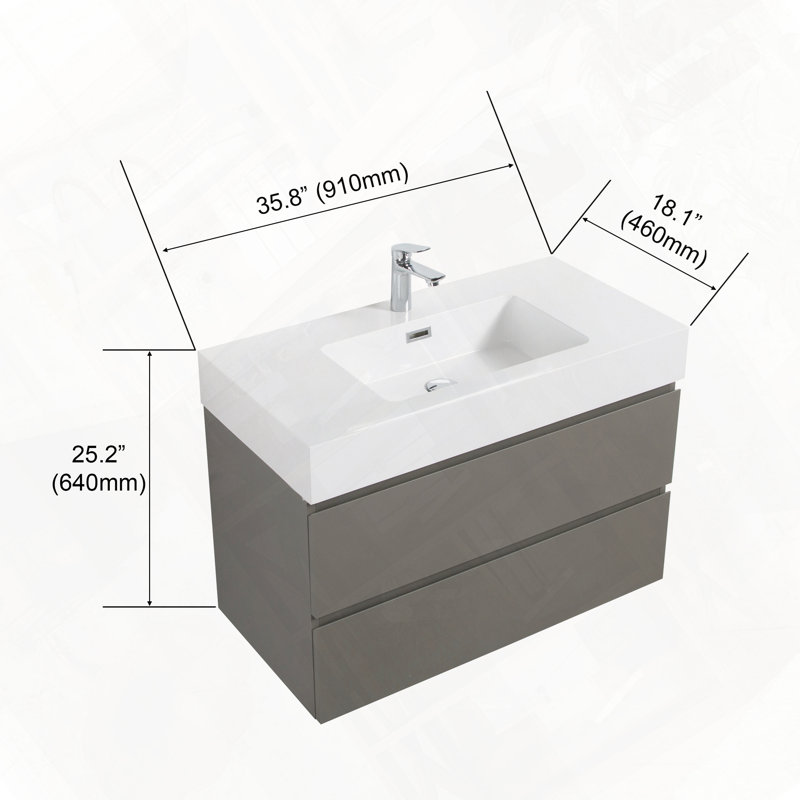 Grand meuble-lavabo flottant mural avec évier pré-assemblé, Gris, 36"