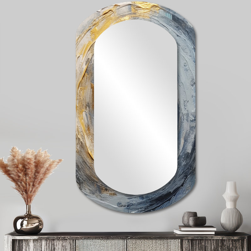 Spirales vibrantes dorées et bleues IV - Spirales abstraites en métal - Miroir mural moderne et irrégulier, 43 po x 23 po