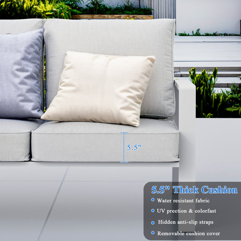 2 Pieces Aluminum Outdoor Armchair, Oversized Patio Couch, Modern Sofa All Weather Metal Furniture Set with 5.5" Cushions