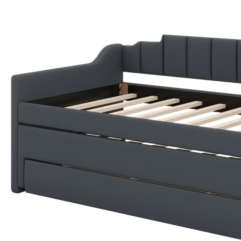 Lit de jour simple rembourré avec lit gigogne et trois tiroirs, canapé-lit, base de lit en bois avec accoudoirs inclinés, aucun sommier nécessaire