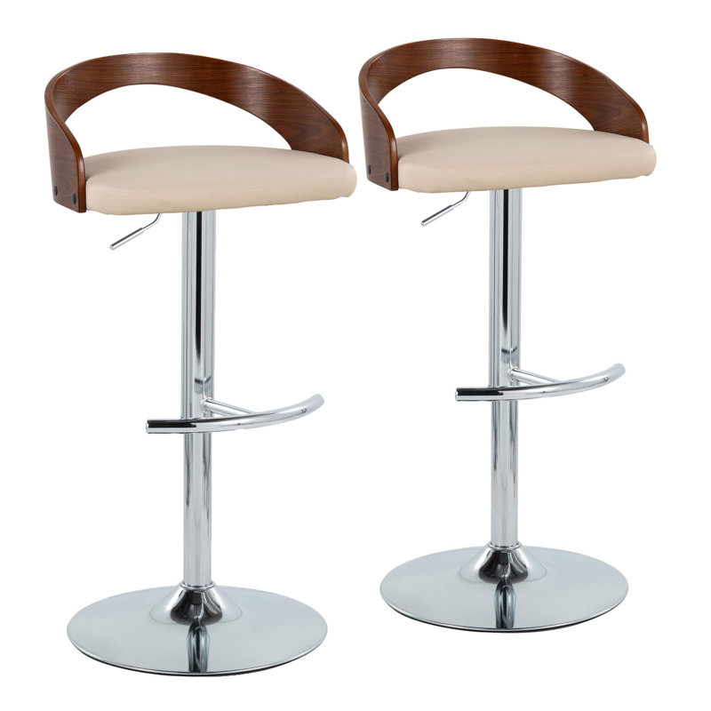 Laurenzio Adjustable Bar Stool with Rounded T Footrest, Chrome, Cream Faux Leather/Walnut Wood