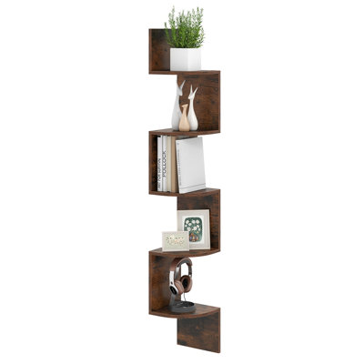5-Tier Corner Floating Bookshelf Wall Mount Storage Organizer, Engineered Wood Shelf for Small Spaces, Rustic Brown