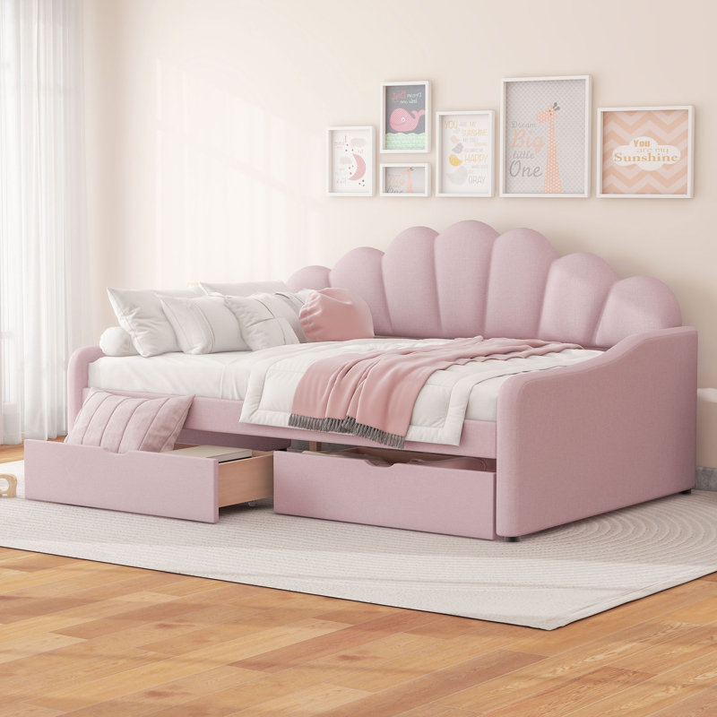 Lit de jour double rembourré en velours avec dossier en coquillage et 2 tiroirs, canapé-lit avec cadre robuste pour le salon, la chambre d'amis, rose