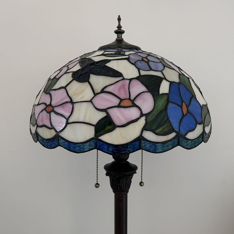 Tonsey Tiffany Floor Lamp Pink Blue Stained Glass Hummingbird Flowers Metal Base 16"W*16"D*64"H