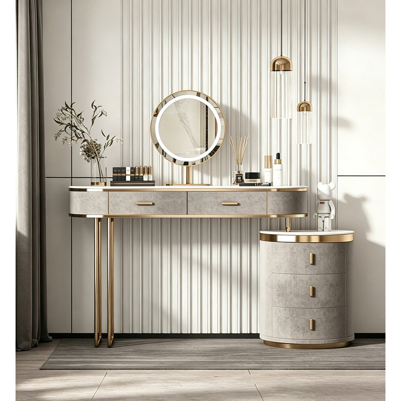 Coiffeuse légère de luxe en bois massif avec pierre frittée et acier inoxydable pour chambre à coucher