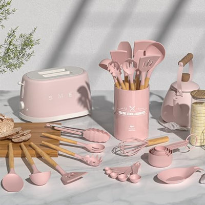 Silicone Kitchen Utensils Set, 33 Piece Non-Stick Kitchen Utensils With Stand, Wooden Handle, Pink