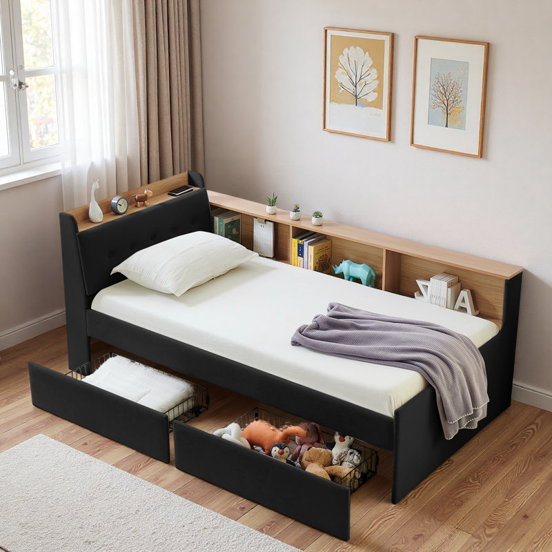 Multi-functional Daybed With Storage Headboard, Wireless Charging, 2 Storage Drawers And Led Lights, Black
