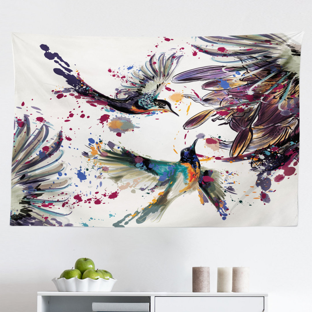 Wandbehang Art Lily Blumen Vögel und Farbe spritzt in Aquarellmalerei Stil