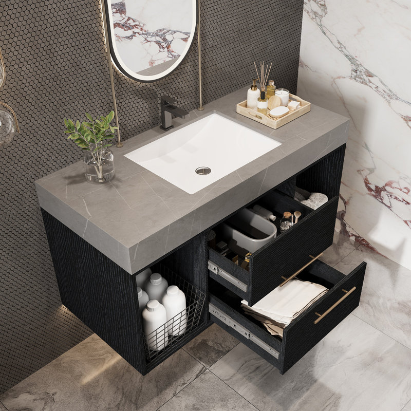 Meuble-lavabo flottant contemporain Avelyn, Noir, Gris
