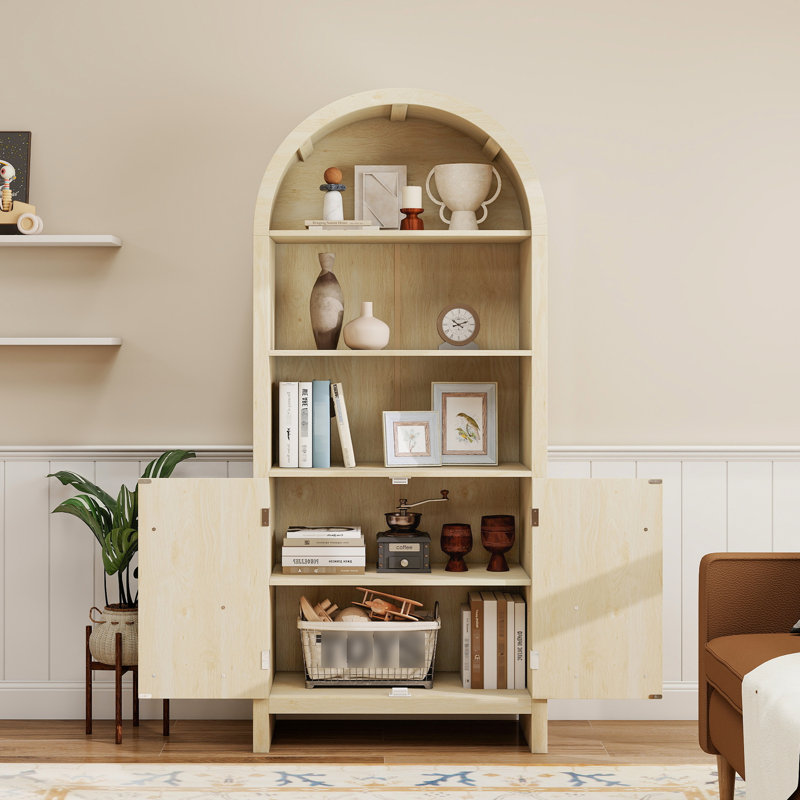 Armoire de rangement arquée, cuisine, salon et plus, tablettes réglables, design, bois naturel, poignée en forme de ventilateur, ancrage mural, trous de câbles, repose-pieds pour différentes pièces, tablettes, éléments,