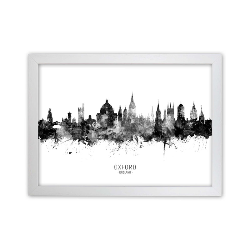 Oxford England Skyline Black White City Name by Michael Tompsett - Print, 34cm H x 46cm W x 3cm D, White Framed