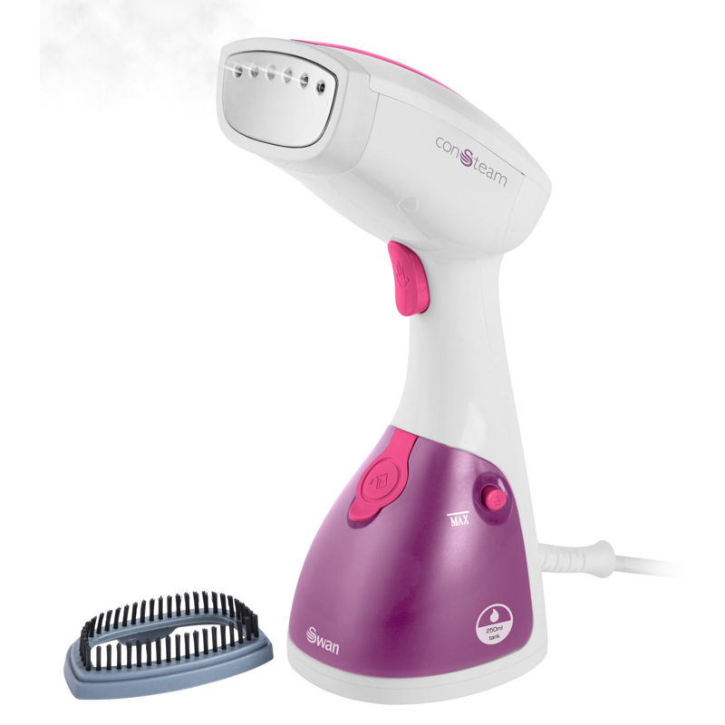 Swan SI12020N Handheld Garment Steamer, Lightweight, Removable Fabric Brush, Extra-Long 1.9m Power Cable, 1100W, 250ml Water Tank,White and Pink