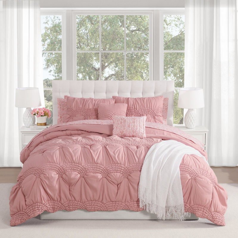 Ensemble d'édredon en microfibre texturée 10 pièces Scallop Mauve, Édredon grand et 9 pièces supplémentaires, Rose