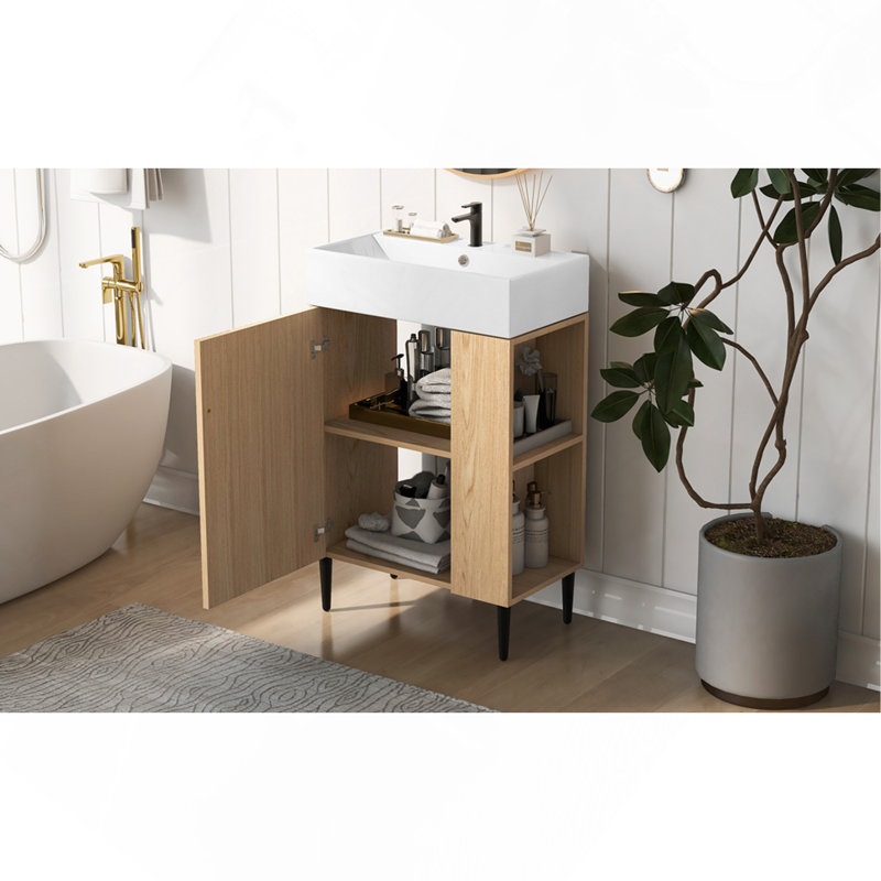 Meuble-lavabo en bois 21,6 po, armoire combinée, meuble de rangement pour salle de bain, lavabo simple en céramique, rangement sur le côté droit