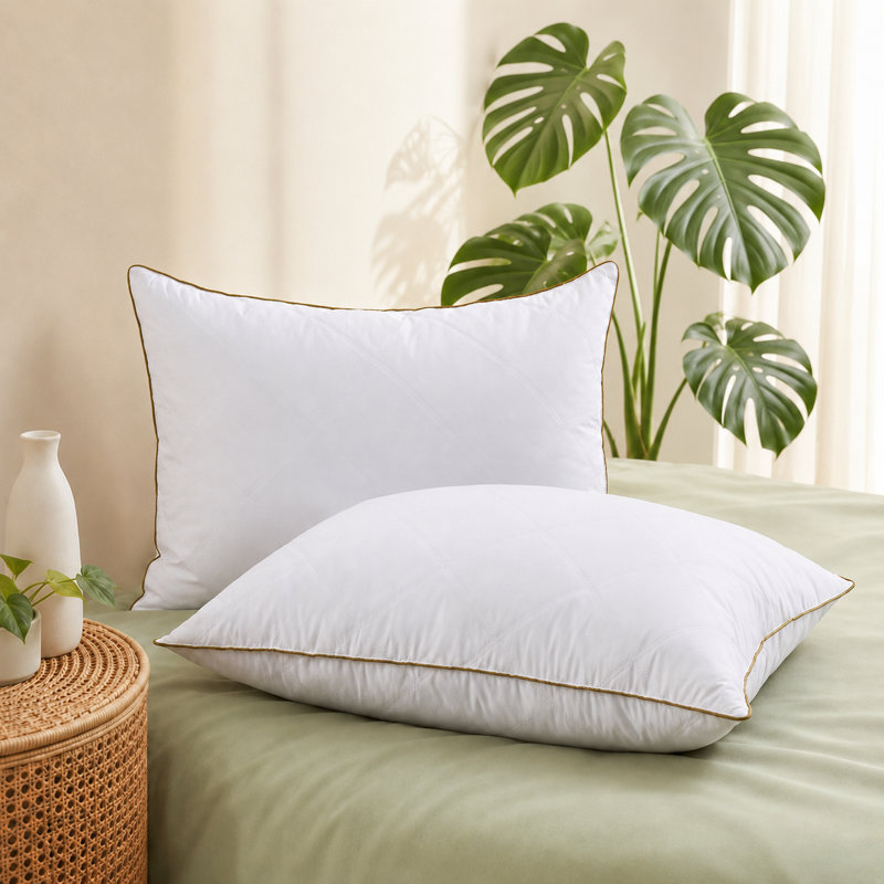  Luxury Goose Feather Bed Pillow with Brown Piping & Diamond Quilting - Hypoallergenic 100% Polyester Shell, King, White