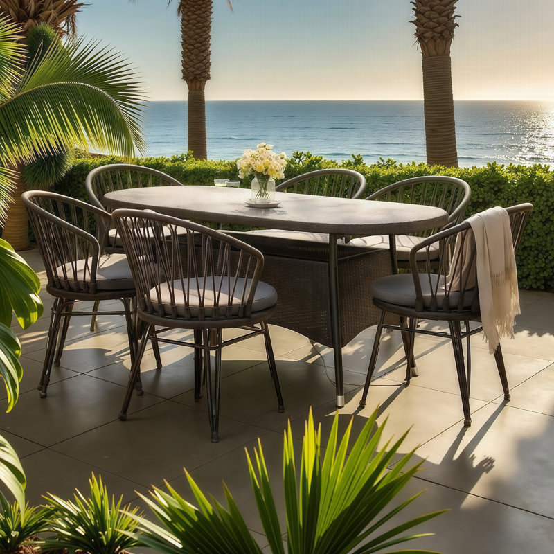 Ensemble repas 7 pièces Boho-Industrial avec table et chaises en rotin | Mobilier de patio 6 places pour terrasses couvertes, osier PE imperméable, assemblage rapide