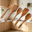Ensemble de cuillères en bois de teck naturel pour la cuisson - 5 ustensiles de cuisine avec spatule, écumoire, cuillère à fente, fourchette à salade - outils antiadhésifs et résistants à la chaleur