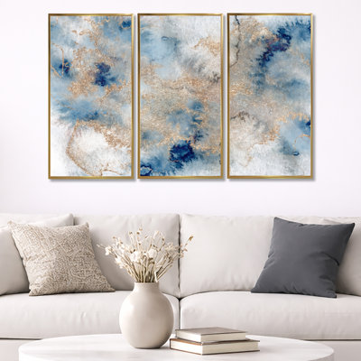 " Blue And Gold Marble Clouds I " 3 Piece Art Watercolor Print
