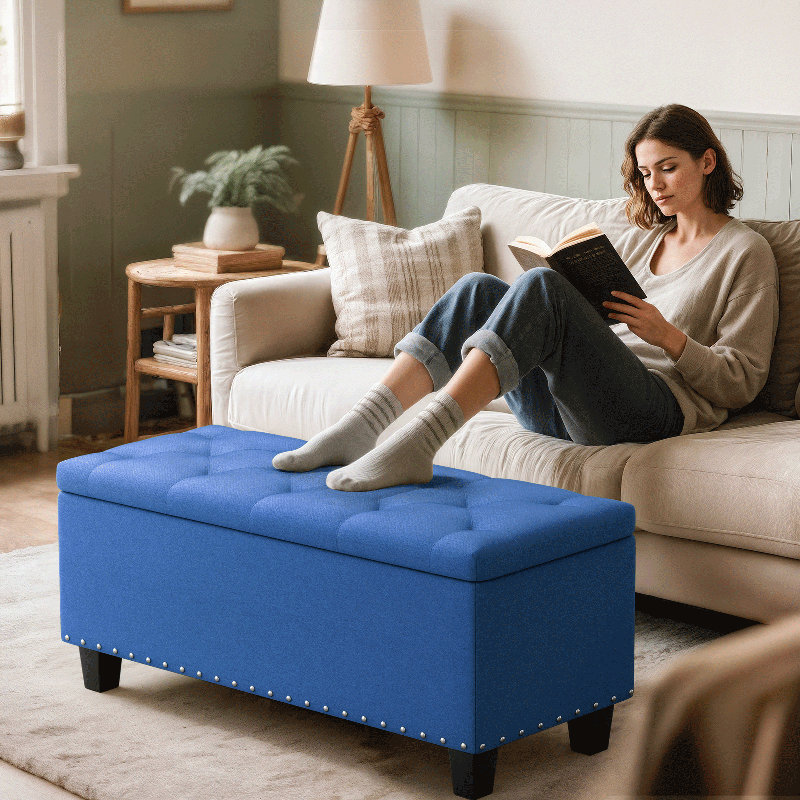 42" Upholstered Ottoman Bench, Button Tufted End of Bed Footrest Footstool for Bedroom Living Room, Navy Blue