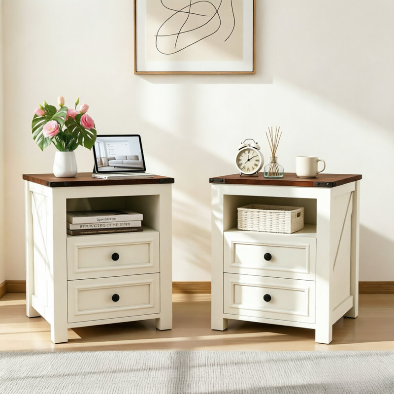 Table de chevet avec station de charge et 2 tiroirs - Table de chevet et table de bout en bois moderne avec tablette ouverte