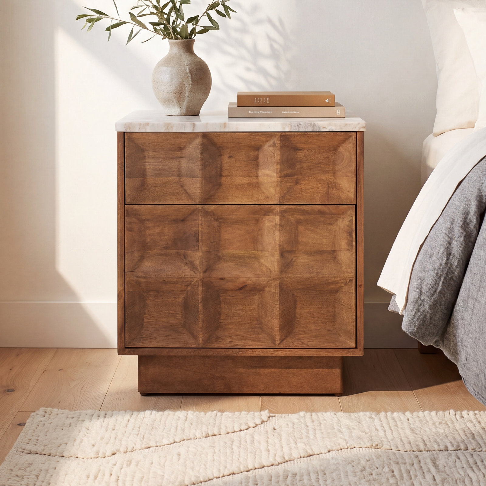 Genuine Marble and Mango Nightstand, Walnut/White