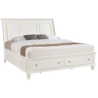 Cream White Eastern King Storage Panel Bed, Design On Headboard, Two Spacious Drawers, Bedroom Decor Bed With Drawers In , White, Wood Construction