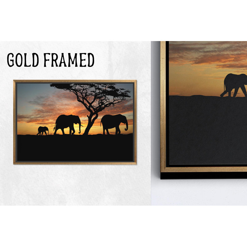 «Elegant Sunset Safari Silhouette», reproduction d'art sur toile, or encadré 1P