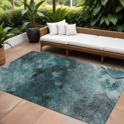 Tapis extérieur lavable abstrait bleu sarcelle 10 pi x 14 pi bleu turquoise et gris
