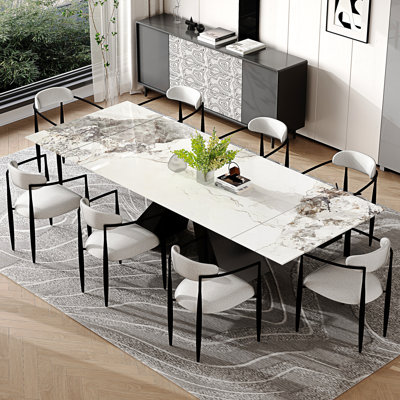9 - Piece Dining Table Set With 94.5'' Extendable Sintered Stone Dining Table And 8 Fabric Chairs
