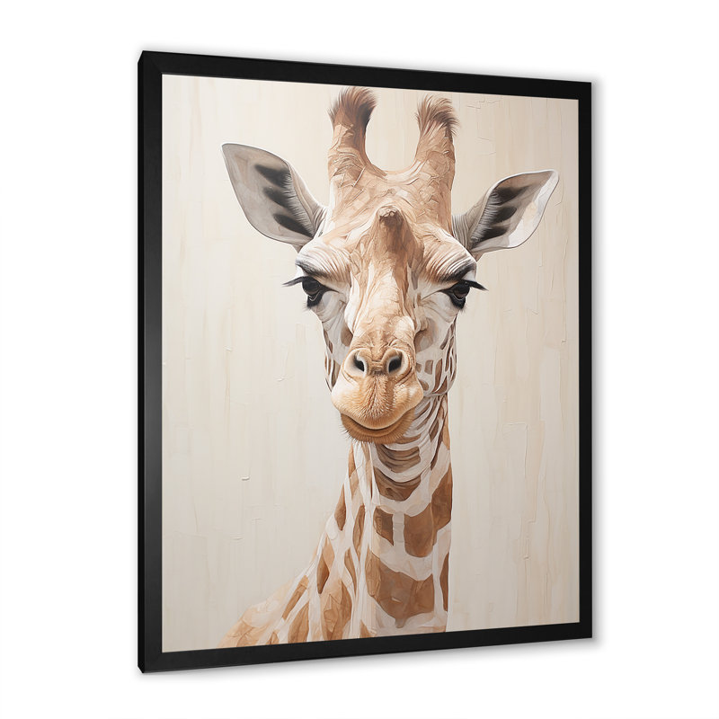 Impression sur toile «Minimalisme», girafe beige sur fond blanc, Cadre simple noir, H 32 po x l 16 po x P 1 po