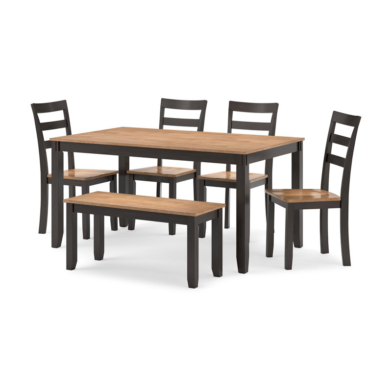 Table de salle à manger Malkin avec 4 chaises et banc, ensemble de 6, Marron foncé, Brun foncé