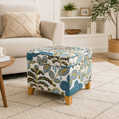 17.5" Printed Linen Storage Bench With Safety Hinge For Living Room