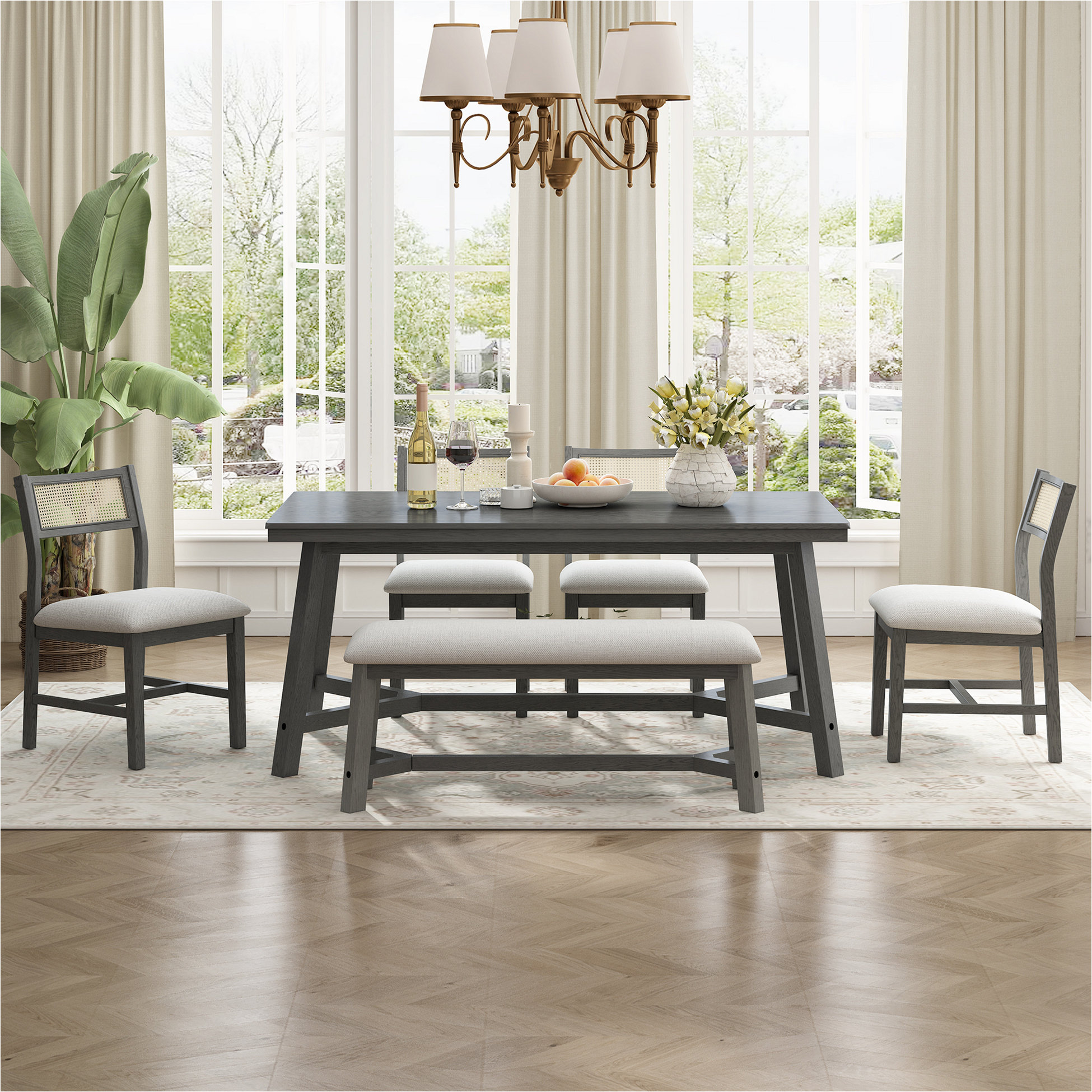 Gracie Oaks 6-Piece Retro Farmhouse Style Dining Set, Rectangular Table ...