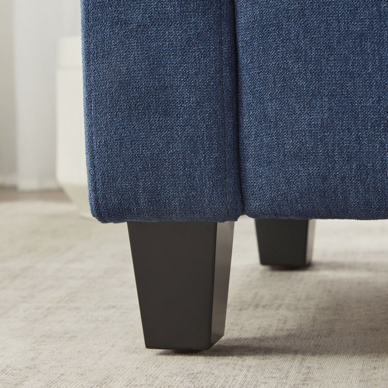 Dark Blue Upholstered Storage Ottoman Bench with Solid Wood Legs