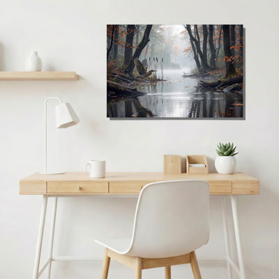 «Green Heron Flying Over Misty River in Autumn Forest», art mural sur toile