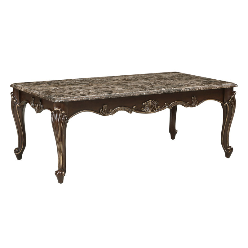 Formal Traditional Luxury 1Pc Marble Top Cocktail Table Cherry Finish With Gold Tipping Living Room Furniture
