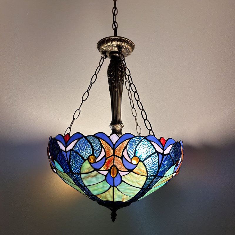 Bronze Bowl Pendant Light with Blue and Green Stained Glass Shade