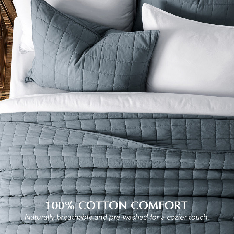 100% Cotton Box Stitch Quilt Set, Queen Quilt + 2 Queen Shams, Midnight Blue
