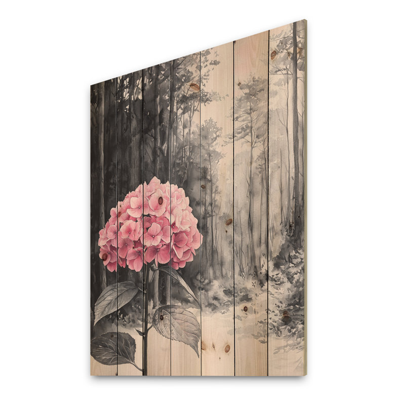 Hortensias en forêt monochrome II - décoration murale en bois d'hortensias - sur bois de pin naturel